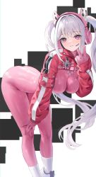 Rule 34 | 1girl, alice (nikke), animal ears, bad id, bad twitter id, bent over, bodysuit, breasts, cirilla lin, goddess of victory: nikke, grin, hand on own knee, hand up, headphones, headset, highres, large breasts, long hair, pink bodysuit, pink eyes, shoes, shrug (clothing), skin tight, smile, sneakers, socks, solo, twintails, v, white hair, white socks
