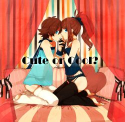 Rule 34 | 10s, 1boy, 1girl, bare shoulders, black gloves, black thighhighs, blue eyes, bow, brown hair, bustier, creatures (company), crossdressing, curtains, dress, english text, forehead-to-forehead, frown, game freak, garter belt, garter straps, gloves, heads together, heart, heart-shaped pillow, hetero, highres, hilbert (pokemon), hilda (pokemon), holding hands, interlocked fingers, kneeling, lingerie, long hair, looking at viewer, midriff, muraichi, nail polish, navel, neck ribbon, nintendo, on bed, open mouth, panties, pillow, pokemon, pokemon bw, ponytail, ribbon, see-through, seiza, short dress, short hair, sidelocks, sitting, smile, strapless, strapless dress, striped, striped background, thighhighs, toeless legwear, toes, trap, underwear, white thighhighs, wristband