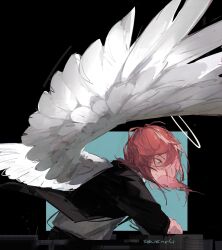Rule 34 | 1boy, angel, angel devil (chainsaw man), angel wings, artist name, black jacket, brown hair, chainsaw man, collared shirt, feathered wings, formal, hair between eyes, halo, highres, jacket, looking down, medium hair, sevenchi, shirt, solo, suit, suit jacket, white shirt, white wings, wings