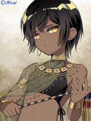 Rule 34 | 1boy, :&lt;, ars musicariunu, black hair, black shirt, bracer, brown background, cape, chain paradox, child, copyright name, crop top, crossed bangs, dark-skinned male, dark skin, earrings, egyptian clothes, fingernails, gradient background, hair between eyes, halter shirt, halterneck, holding, holding staff, hoop earrings, jewelry, l (matador), looking at viewer, male focus, midriff, necklace, patterned clothing, see-through, see-through cape, shirt, short hair, side-tie shirt, side cape, solo, staff, upper body, white background, yellow cape, yellow eyes