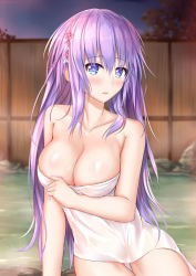 Rule 34 | 1girl, alternate hairstyle, arm support, blue eyes, blurry, blush, breasts, collarbone, depth of field, fence, flower, hair flower, hair ornament, highres, kanzashi, large breasts, long hair, looking at viewer, muwa12, naked towel, neptune (neptunia), neptune (series), night, onsen, outdoors, parted lips, power symbol, power symbol-shaped pupils, purple heart (neptunia), rock, sitting, solo, steam, symbol-shaped pupils, towel, tsumami kanzashi, very long hair, water
