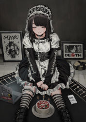 Rule 34 | 1girl, absurdres, apron, baphomet, black bow, black choker, black dress, black hair, black shirt, black thighhighs, boots, bow, bridal garter, cake, cellphone, chain, chain leash, choker, closed eyes, closed mouth, clothes writing, commentary, computer, dark, demon, dress, english text, facing viewer, flat chest, food, gishiki (gshk), highres, jewelry, laptop, leash, long sleeves, maid apron, maid headdress, medium hair, original, pentagram, phone, profanity, puffy short sleeves, puffy sleeves, ring, shirt, short sleeves, sitting, smartphone, smile, smiley face, solo, sticker, striped clothes, striped thighhighs, thighhighs, underbust, white apron, white thighhighs