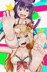 Rule 34 | 2girls, animal ears, artist request, barefoot, black hair, blonde hair, blue eyes, breasts, cat ears, cat girl, cat tail, cleavage, fang, feet, foot focus, green eyes, highres, karyl (princess connect!), karyl (summer) (princess connect!), long hair, multiple girls, open mouth, pecorine (princess connect!), pecorine (summer) (princess connect!), princess connect!, soles, sunglasses, sunglasses on head, tail, toe scrunch, toes, ueharam