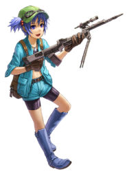 Rule 34 | 1girl, :d, armored core, armored core 5, backpack, bad id, bad pixiv id, bag, belt, bike shorts, bipod, blue eyes, blue hair, boots, brown gloves, dog tags, female focus, from software, full body, gloves, gun, hair bobbles, hair ornament, hat, kawashiro nitori, kurione (zassou), matching hair/eyes, midriff, navel, open clothes, open mouth, open shirt, rifle, scope, shirt, shorts, simple background, smile, sniper rifle, solo, sr-13, touhou, twintails, two side up, weapon, white background