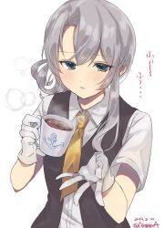 Rule 34 | 1girl, akgsgra, anchor symbol, asymmetrical hair, bad id, bad twitter id, black vest, closed eyes, commentary request, cup, dated, dress shirt, flipped hair, gloves, grey eyes, highres, kantai collection, looking at viewer, mug, necktie, nowaki (kancolle), one-hour drawing challenge, school uniform, shirt, silver hair, solo, steam, swept bangs, twitter username, vest, white background, white gloves, white shirt, yellow necktie