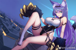 Rule 34 | 1girl, animal ear fluff, animal ears, animal hands, armlet, belt, blurry, breasts, claws, cleavage, covered navel, depth of field, dusk, dutch angle, fang, gloves, green eyes, hair between eyes, hairband, highres, large breasts, leotard, long hair, niccya, original, outdoors, paw gloves, purple hair, sitting, solo, tail, thigh strap, tongue, tongue out, weibo watermark