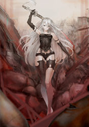 Rule 34 | 1girl, bare shoulders, black gloves, blue eyes, breasts, elbow gloves, gloves, highres, holding, holding sword, holding weapon, long hair, mins (minevi), nier (series), nier:automata, silver hair, small breasts, solo, sword, weapon, a2 (nier:automata)