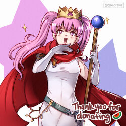 Rule 34 | 1girl, :d, belt, breasts, cape, commentary, cowboy shot, crown, dress, fire emblem, fire emblem: the blazing blade, gloves, grey belt, gzei, highres, holding, holding staff, long hair, looking at viewer, nintendo, open mouth, pink hair, purple eyes, red cape, serra (fire emblem), sleeveless, sleeveless dress, small breasts, smile, solo, staff, standing, twintails, very long hair, white dress, white gloves