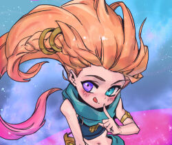 Rule 34 | 1girl, :q, armlet, bare arms, bare shoulders, blue background, blush, braid, brown hair, green background, green eyes, green scarf, hair ornament, league of legends, long hair, multicolored background, multicolored hair, navel, phantom ix row, pink background, pink hair, purple eyes, scarf, single braid, smile, solo, stomach, tongue, tongue out, zoe (league of legends)
