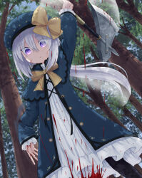 Rule 34 | 1girl, attack, axe, blood, blood splatter, bow, bowtie, broken arm, dress, forest, guro, hair bow, hat, highres, holding, holding axe, injury, long hair, looking at viewer, nature, original, purple eyes, solo, tree, yuyuzuki (yume usagi)