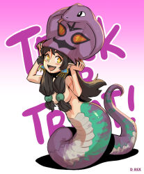 Rule 34 | 1girl, :d, arbok, arbok (cosplay), artist name, breasts, brown hair, cosplay, creatures (company), d-rex, earrings, fangs, game freak, gen 1 pokemon, hands up, highres, jewelry, lamia, large breasts, long hair, monster girl, nintendo, open mouth, original, outline, pink background, pointy ears, pokemon, red nails, shiny skin, smile, solo, trick or treat, white background, white outline, yellow eyes