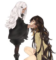 Rule 34 | 2girls, black hair, boots, commentary request, elisa (girls&#039; frontline), girls&#039; frontline, height difference, highres, holding another&#039;s head, ki lllorz, kneeling, korean commentary, looking up, m16a1 (girls&#039; frontline), multiple girls, necktie, pantyhose, sangvis ferri, white background, white hair