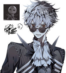 1boy absurdres black_jacket chibi diamond_hairband grey_hair grey_vest hair_between_eyes highres jack_skellington jacket male_focus multiple_views omumeshi open_mouth orange_eyes pale_skin puff_of_air reference_inset round_eyewear simple_background skully_j._graves sunglasses the_nightmare_before_christmas twisted_wonderland upper_body vest white_background