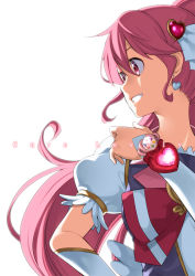 Rule 34 | 10s, 1girl, aino megumi, backlighting, character name, cure lovely, earrings, hair ornament, hand on own hip, happinesscharge precure!, heart, heart hair ornament, jewelry, long hair, magical girl, pink eyes, pink hair, ponytail, precure, smile, solo, white background, wrist cuffs, yuuzii