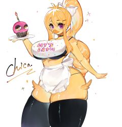 Rule 34 | apron, beak, bib, bird girl, blonde hair, breasts, chica, cupcake, five nights at freddy&#039;s, food, furry, furry female, highres, large breasts, long hair, ponytail, ribbon, robot, thick thighs, thighhighs, thighs, togetoge, wide hips, zettai ryouiki