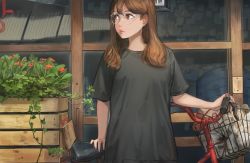 Rule 34 | 1girl, bicycle, bicycle basket, black shirt, brown eyes, brown hair, commentary request, free style (yohan1754), glasses, highres, lipstick, long hair, looking to the side, makeup, matching hair/eyes, original, plant, round eyewear, shirt, short sleeves, solo, t-shirt, wooden box