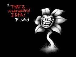 Rule 34 | black background, character name, commentary, english commentary, english text, evil grin, evil smile, flower, flowey (undertale), grin, highres, musicalcombusken, partially colored, signature, simple background, smile, undertale