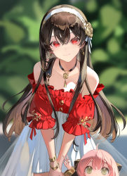Rule 34 | 2girls, ahoge, anya (spy x family), bare shoulders, black dress, black hair, child, chyoel, dress, earrings, eden academy school uniform, flower, green eyes, hair between eyes, hair flower, hair ornament, hairband, hairpods, highres, jewelry, long hair, looking at viewer, mother and daughter, multiple girls, off-shoulder dress, off shoulder, pink hair, red eyes, school uniform, spy x family, v, yor briar