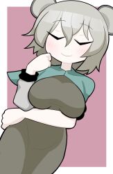 Rule 34 | 1girl, alternate form, animal ears, arm under breasts, blush, breasts, capelet, closed eyes, closed mouth, colored skin, commentary request, cookie (touhou), cowboy shot, dress, dutch angle, green capelet, grey dress, grey hair, hair between eyes, hospital king, large breasts, long bangs, mouse ears, mouse girl, nazrin, nyon (cookie), pink background, short hair, smile, solo, touhou, two-tone background, white background, white skin