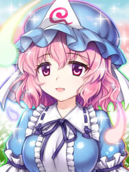 Rule 34 | 1girl, blue hat, blue kimono, blurry, blurry background, breasts, commentary request, hat, japanese clothes, kimono, looking at viewer, mob cap, open mouth, pink eyes, pink hair, s1a1nokoka, saigyouji yuyuko, short hair, solo, sparkle, touhou, triangular headpiece, upper body