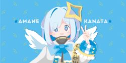 Rule 34 | 1girl, amane kanata, amane kanata (1st costume), angel, angel wings, armband, asymmetrical bangs, bad id, bad pixiv id, blue background, blue bow, blue bowtie, blue eyes, blush stickers, bob cut, bow, bowtie, character name, colored inner hair, dress, feathered wings, flat color, hair over one eye, halo, highres, hololive, koru koruno, long sleeves, looking at viewer, mini wings, multicolored hair, open mouth, sailor collar, short hair, silver hair, sleeve cuffs, smile, solo, star (symbol), star halo, streaked hair, tareme, turtleneck, turtleneck dress, upper body, virtual youtuber, wide sleeves, wings