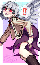 Rule 34 | !, !!, 1girl, 2019, absurdres, arm support, artist name, ass, blush, boots, bow, dated, ears, feathered wings, highres, ichirugi, jacket, kishin sagume, knees, long sleeves, looking at viewer, looking back, open mouth, purple background, red bow, red eyes, short hair, simple background, single wing, solo, spoken exclamation mark, sweat, touho, white hair, wings