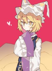 Rule 34 | 1girl, absurdres, animal hat, blonde hair, blush, commentary request, dress, fox tail, hair between eyes, hat, hatsushiro mamimu, heart, highres, long sleeves, mob cap, multiple tails, red background, short hair, simple background, solo, tabard, tail, tassel, touhou, upper body, white dress, white hat, wide sleeves, yakumo ran, yellow eyes