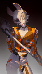 Rule 34 | 1boy, animal collar, animal print, axe, belt, black collar, black gloves, black hair, blue eyes, brown background, brown hair, buttons, collar, collarbone, commentary, contrapposto, cosplay, cowboy shot, dead by daylight, dog print, fangs, fingernails, gloves, gradient background, highres, holding, holding axe, keikoku (kujira), long sleeves, looking at viewer, male focus, mask, mysta rias, nijisanji, nijisanji en, o-ring, o-ring belt, one eye covered, open mouth, orange shirt, pants, rabbit mask, sharp fingernails, shirt, short hair, smile, solo, standing, striped clothes, striped shirt, the huntress (dead by daylight), the huntress (dead by daylight) (cosplay), virtual youtuber, white pants