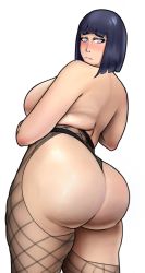 Rule 34 | 1girl, ass, backboob, black hair, blush, breasts, female focus, fishnet thighhighs, fishnets, highres, huge ass, hyuuga hinata, large breasts, purple eyes, looking back, medium hair, naruto (series), naruto shippuuden, plump, short hair, simple background, solo, thighhighs, tommoku, white background