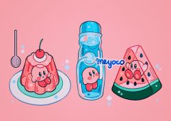 Rule 34 | artist name, bad id, bad twitter id, bottle, cherry, food, food focus, fruit, gelatin, kirby, kirby (series), meyoco, nintendo, open mouth, pink background, plate, ramune, simple background, sparkle, spoon, watermelon