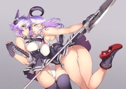 Rule 34 | 2girls, ass, black gloves, black skirt, breasts, checkered clothes, checkered necktie, eyepatch, glaive (polearm), gloves, hair intakes, halo, headgear, high-waist skirt, kantai collection, large breasts, long hair, looking back, mechanical halo, multiple girls, necktie, nishieda, panties, polearm, purple hair, shiny skin, shirt, short hair, skirt, sleeveless, sleeveless shirt, tatsuta (kancolle), tatsuta kai ni (kancolle), tenryuu (kancolle), tenryuu kai ni (kancolle), underwear, white panties, yellow eyes