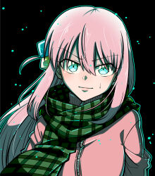 Rule 34 | 1girl, black background, blue eyes, bocchi the rock!, closed mouth, gotoh hitori, green scarf, hair between eyes, hair ornament, highres, jacket, long hair, looking at viewer, one side up, ononaka akihiro, pink hair, pink jacket, scarf, simple background, smile, solo, sweatdrop, track jacket, upper body, v-shaped eyebrows, zipper
