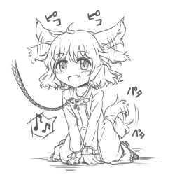 Rule 34 | 1girl, all fours, animal ears, blush, collar, ear wiggle, fang, female focus, greyscale, kasodani kyouko, kneeling, leash, monochrome, musical note, open mouth, pet play, smile, solo, tail, tail wagging, tec, touhou