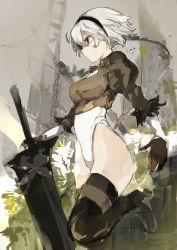 Rule 34 | 1girl, 2b (nier:automata), 2boys, black eyes, black footwear, black gloves, black thighhighs, boots, breasts, cleavage cutout, closed mouth, clothing cutout, curvy, from side, gloves, hairband, highleg, highleg leotard, highres, hiranko, holding, holding sword, holding weapon, juliet sleeves, large breasts, leotard, long sleeves, mole, mole under mouth, multiple boys, nier:automata, nier (series), no blindfold, puffy sleeves, short hair, silver hair, sketch, solo, standing, standing on one leg, sword, thigh boots, thighhighs, weapon, white leotard, wide hips