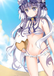 Rule 34 | 1girl, bare shoulders, bell, bikini, blue sky, blurry, blurry background, blush, bow, breasts, carrying, carrying under arm, closed mouth, cloud, commentary request, day, depth of field, double bun, facial mark, fingernails, hair bow, hair bun, hair ornament, haku (p&amp;d), highres, jingle bell, long hair, looking at viewer, lunacats, medium breasts, multicolored hair, outdoors, polka dot, polka dot bow, purple bow, purple eyes, purple hair, puzzle &amp; dragons, side bun, silver hair, sky, solo, striped bikini, striped clothes, swimsuit, tattoo, two-tone hair, very long hair