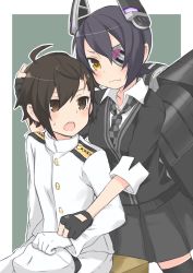 Rule 34 | 10s, 1boy, 2girls, :t, ahoge, androgynous, azuma kyouta, bad id, bad pixiv id, blush, brown eyes, brown hair, eyepatch, female admiral (kancolle), frown, gloves, kantai collection, little boy admiral (kancolle), little girl admiral (kancolle), multiple girls, necktie, open mouth, personification, purple hair, reverse trap, scar, short hair, skirt, sweat, tenryuu (kancolle), thighhighs, uniform, yellow eyes, zettai ryouiki, 東 京太