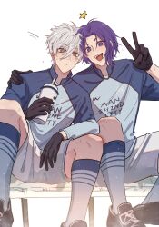 Rule 34 | 2boys, bench, black footwear, black gloves, blnag peapond, blue lock, blue shirt, cup, full body, gloves, grey eyes, hand on another&#039;s shoulder, hand up, highres, holding, holding cup, long sleeves, looking at viewer, male focus, mikage reo, multiple boys, nagi seishirou, open mouth, purple eyes, purple hair, shirt, shoes, short hair, shorts, simple background, sitting, smile, soccer uniform, socks, sportswear, v, white background, white hair, white shorts