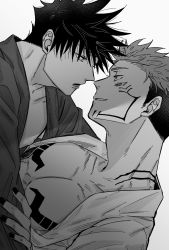 Rule 34 | 2boys, bad id, bad twitter id, chest tattoo, collarbone, commentary request, extra eyes, eye contact, eyelashes, facial tattoo, fushiguro megumi, fushirun rung, greyscale, hair between eyes, highres, jujutsu kaisen, looking at another, male focus, monochrome, multiple boys, muscular, muscular male, nail polish, nipple slip, nipples, open clothes, open mouth, pectorals, ryoumen sukuna (jujutsu kaisen), short hair, smile, spiked hair, tattoo, undercut, upper body, yaoi