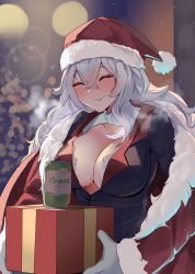 Rule 34 | 1girl, ^ ^, azur lane, beer can, black jacket, blush, breasts, breath, can, christmas present, cleavage, cloak, closed eyes, closed mouth, commentary, crossed bangs, drink can, fur-trimmed cloak, fur trim, gift, gloves, graf zeppelin (azur lane), hair between eyes, hat, heart, highres, holding, holding gift, jacket, large breasts, monobe yuri, red cloak, santa hat, silver hair, smile, snow, snowing, solo, upper body, white gloves