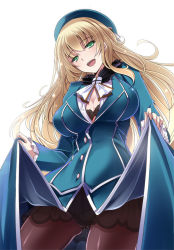 Rule 34 | 10s, 1girl, :d, atago (kancolle), black bra, blonde hair, bra, breasts, brown pantyhose, cleavage cutout, clothes lift, clothing cutout, cowboy shot, crotch seam, fur trim, green eyes, hat, kantai collection, large breasts, long hair, mutou kurihito, open mouth, panties, panties under pantyhose, pantyhose, skirt, skirt lift, smile, solo, underwear, uniform, upskirt, white background