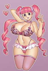 Rule 34 | 1girl, absurdres, bare shoulders, blunt bangs, bra, breasts, choker, cleavage, collarbone, cowboy shot, drill hair, frilled panties, frills, heart, highres, large breasts, lingerie, lips, long hair, looking at viewer, nauth, navel, one piece, outline, panties, perona, pink bra, pink hair, pink panties, purple background, purple thighhighs, shiny skin, simple background, smile, solo, standing, thighhighs, twin drills, underwear, underwear only, v, white outline