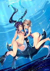 Rule 34 | 2girls, air bubble, anchor, ass, bikini, blue one-piece swimsuit, blush, breasts, brown hair, bubble, cameltoe, closed mouth, flippers, floating hair, highres, holding breath, holding nose, kurozu, long hair, looking at viewer, love live!, love live! sunshine!!, matsuura kanan, medium breasts, multiple girls, navel, one-piece swimsuit, ponytail, purple eyes, purple hair, short hair, small breasts, swimming, swimsuit, underwater, watanabe you