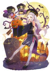 Rule 34 | 1girl, :d, absurdres, bat (animal), black footwear, black headwear, blue dress, candy, commentary request, cookie, detached sleeves, dress, food, full body, full moon, halloween bucket, highres, holding, hololive, jack-o&#039;-lantern, jiangshi costume, lollipop, long hair, long sleeves, moon, murasaki shion, ofuda, open mouth, pantyhose, round eyewear, shies, shima46, shiokko (murasaki shion), short eyebrows, silver hair, sleeves past fingers, sleeves past wrists, smile, solo, standing, standing on one leg, swirl lollipop, teeth, tombstone, twintails, upper teeth only, v-shaped eyebrows, virtual youtuber, white pantyhose, wide sleeves