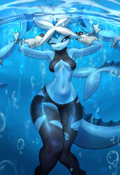 Rule 34 | 1girl, absurdres, animal hands, animal nose, armpits, arms up, azuuart, black pantyhose, blue background, blue eyes, blue sclera, blue skin, blue theme, blush, body fur, breasts, breasts apart, bubble, caustics, cetacean tail, closed mouth, colored sclera, colored skin, covered collarbone, creatures (company), female focus, fins, fish tail, furry, furry female, fusion, game freak, gen 1 pokemon, gen 4 pokemon, half-closed eye, happy, highres, knees together feet apart, legs, light blush, looking at viewer, lopunny, medium breasts, mega lopunny, mega pokemon, navel, nintendo, one eye closed, pantyhose, pawpads, pokemon, pokemon (creature), rabbit ears, reflection, reflective water, sideways mouth, skindentation, smile, solo, sports bra, stomach, tail, thick thighs, thighs, torn clothes, torn pantyhose, underwater, vaporeon, vaporunny, white fur, wide hips, wink
