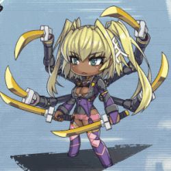 Rule 34 | 1girl, animated, animated gif, armor, blonde hair, blue eyes, blush, bound, breasts, chibi, cleavage, dark-skinned female, dark skin, extra arms, female focus, full body, garter straps, hair ornament, holding, holding sword, holding weapon, leotard, long hair, looking to the side, lowres, mechanical arms, medium breasts, single mechanical arm, solo, sword, taimanin (series), taimanin asagi kessen arena, taimanin rpgx, taimanin suit, thighhighs, twintails, unzipped, weapon, x hair ornament, yomi akitsu