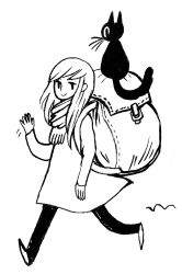Rule 34 | 1girl, arm at side, arm up, backpack, bag, black cat, cat, closed mouth, commentary, dress, english commentary, from side, full body, greyscale, heikala, highres, inktober, long hair, long sleeves, looking at viewer, monochrome, original, scarf, simple background, smile, solo, walking, waving