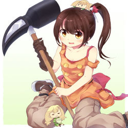 Rule 34 | 1girl, :3, bad id, bad pixiv id, bare shoulders, blonde hair, blush, bow, breasts, brown gloves, brown hair, cleavage, closed eyes, collarbone, cup, fuuen (akagaminanoka), gloves, gradient background, hair ornament, hair ribbon, hammer, hammer (ole tower), holding, holding weapon, long hair, looking at viewer, nail, off shoulder, ole tower, open mouth, pants, pink bow, ponytail, ribbon, shoes, side ponytail, single glove, sitting, small breasts, smile, solo, weapon, yellow eyes