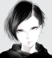 Rule 34 | 1girl, black eyes, black hair, eyelashes, female focus, grey background, greyscale, head tilt, highres, lips, looking at viewer, monochrome, original, parted lips, portrait, serious, short hair, simple background, solo, sousou (sousouworks), spot color, swept bangs, very short hair
