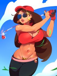 Rule 34 | 1girl, absurdres, adapted costume, animal print, bikini, body blush, bra, breasts, brown hair, character doll, cleavage, cloud, combos &amp; doodles, crop top, day, donkey kong, donkey kong (series), earrings, female focus, gold earrings, golf club, hat, highleg, highleg bikini, highres, holding, holding golf club, jewelry, large breasts, leopard print, linea alba, lipstick, long hair, makeup, mario (series), mario golf, mario golf: super rush, midriff, navel, nintendo, open mouth, outdoors, pauline (mario), red hat, red lips, skindentation, sky, solo, stomach, sunglasses, sweat, swimsuit, swimsuit under clothes, tan, thong, toned female, toned stomach, underwear, very long hair