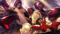 Rule 34 | 1boy, 1girl, breasts, cape, fangs, fate/grand order, fate (series), giant, giantess, glowing shield, gorgon (fate), helmet, highres, large breasts, lens flare, leonidas (fate), medusa (fate), medusa (rider) (fate), monster, monster girl, navel, nekosama shugyouchuu, open mouth, polearm, purple hair, red cape, red eyes, rider, snake hair, spear, stomach, sunlight, weapon, wings